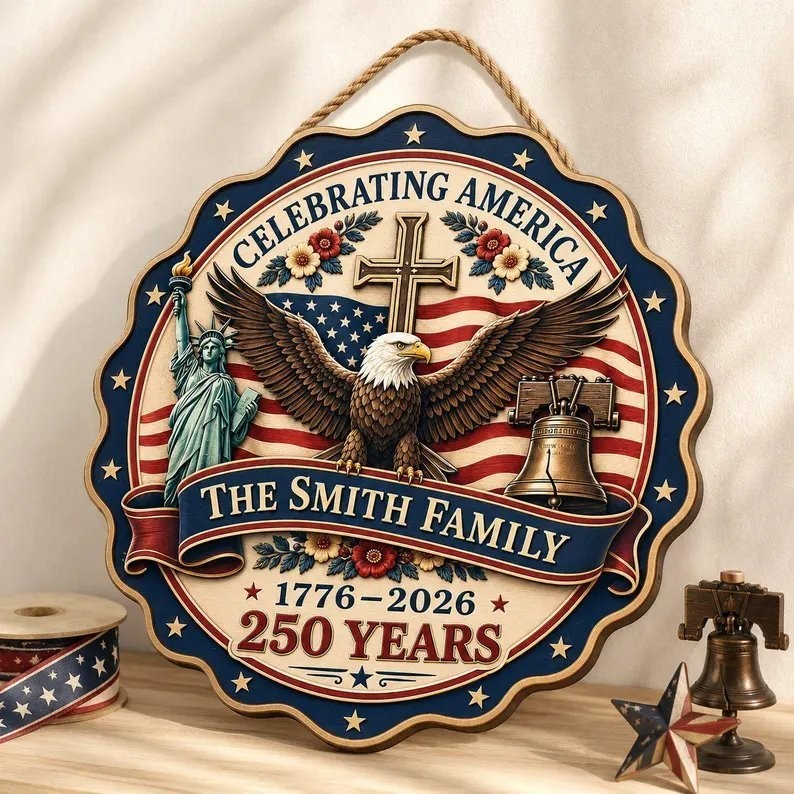 Custom Family Name USA 250th Anniversary Wood Sign, Eagle Door Decor