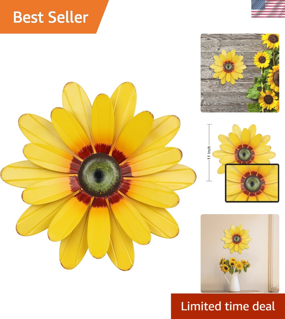Weather-Resistant 11” Sunflower Garden Decor – Indoor & Outdoor Wall Sculpture