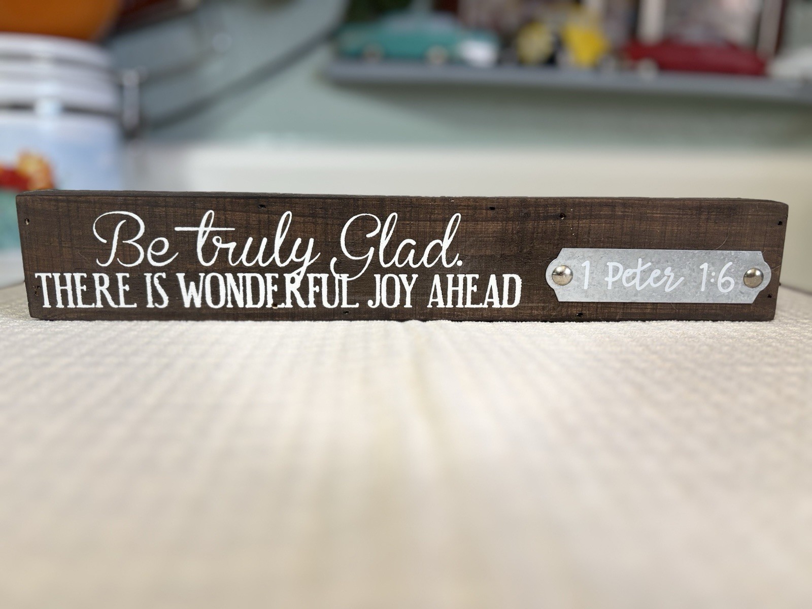 Freestanding Rustic Wood Decor Plaque Sign 1 Peter 1:6 Bible Verse Quote, 12 in