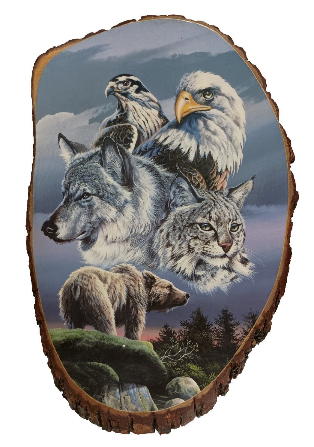 Vintage Hand Carved Slice Of Wood Wolf Animal Collage Wall Art Plaque Painted