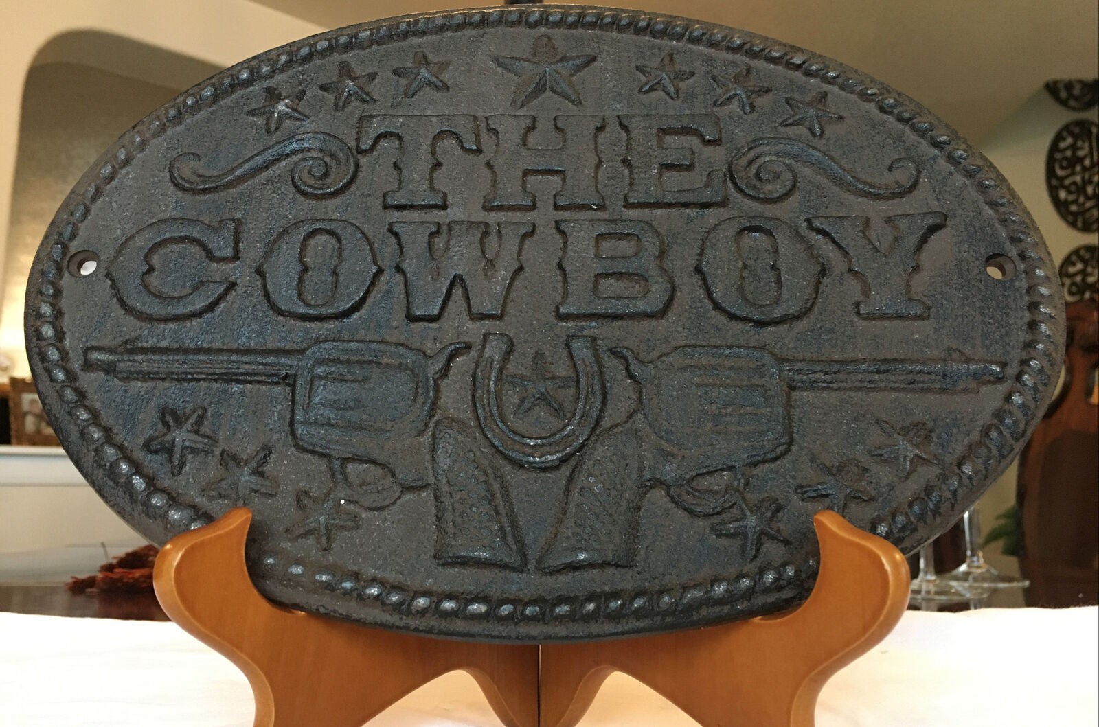 Vintage Cast Iron Cowboy Plaque Sign Rustic Weights 3 pounds