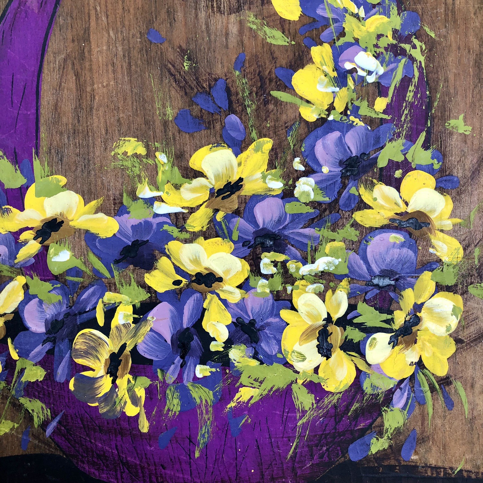 Hand Painted purple yellow Pansies Violets Reclaimed Wood Farmhouse Rustic Cabin