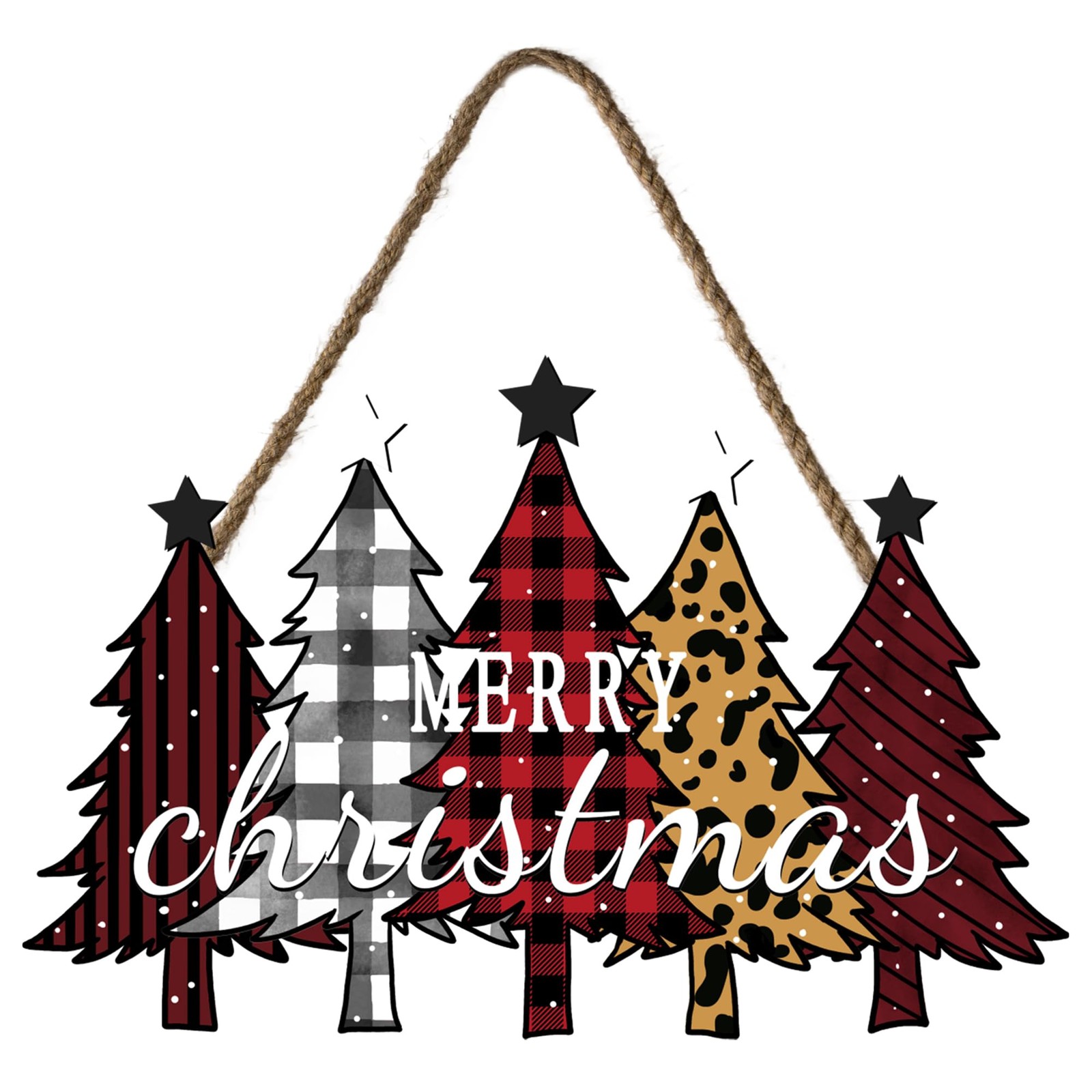 Merry Christmas Door Sign 9.4×12.6in Winter Wooden Buffalo Plaid Tree for Fro…