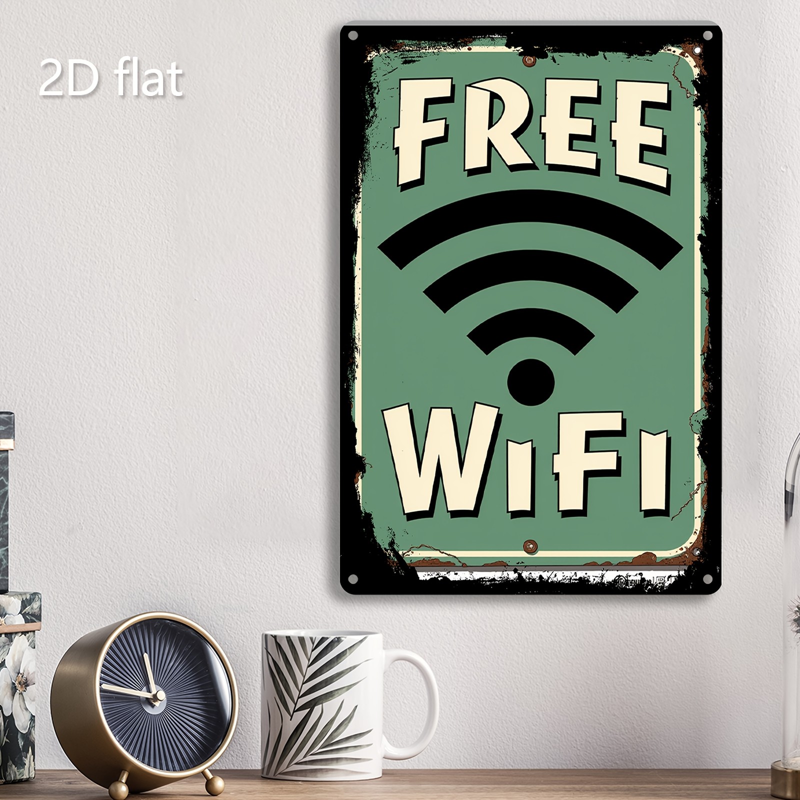 Vintage “Free WiFi” Metal Sign Rustic Green & Yellow 19.99×29.97cm