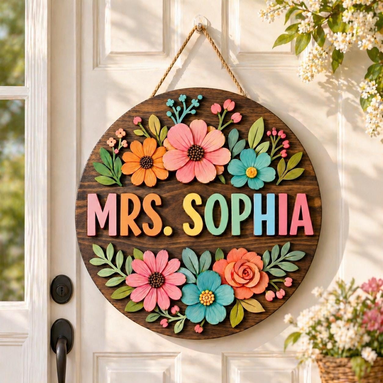 Personalized Floral Teacher Door Hanger Custom Classroom Decor Gift