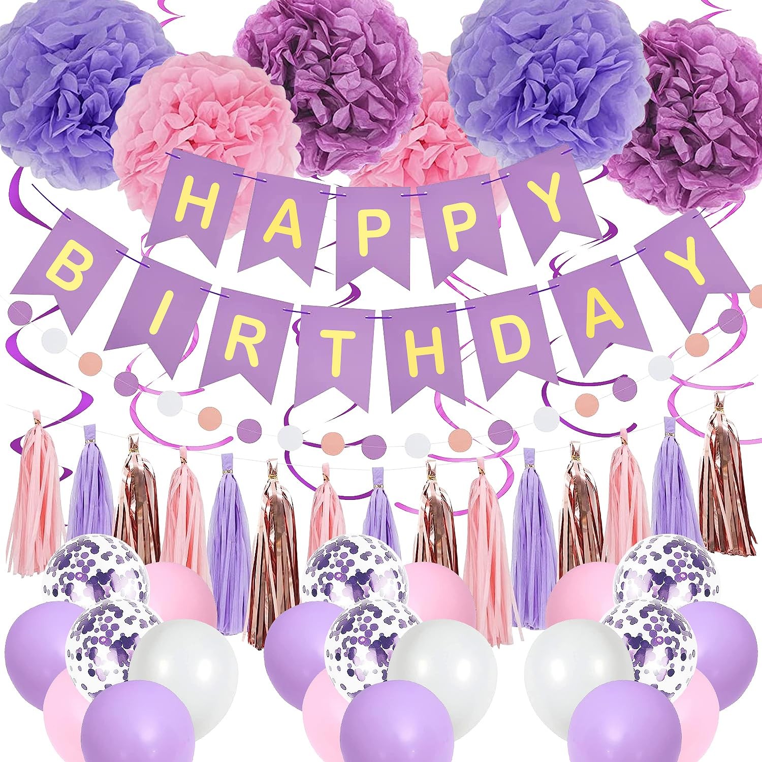 Purple Pink Birthday Party Decorations Women Girls with Happy Birthday Banner