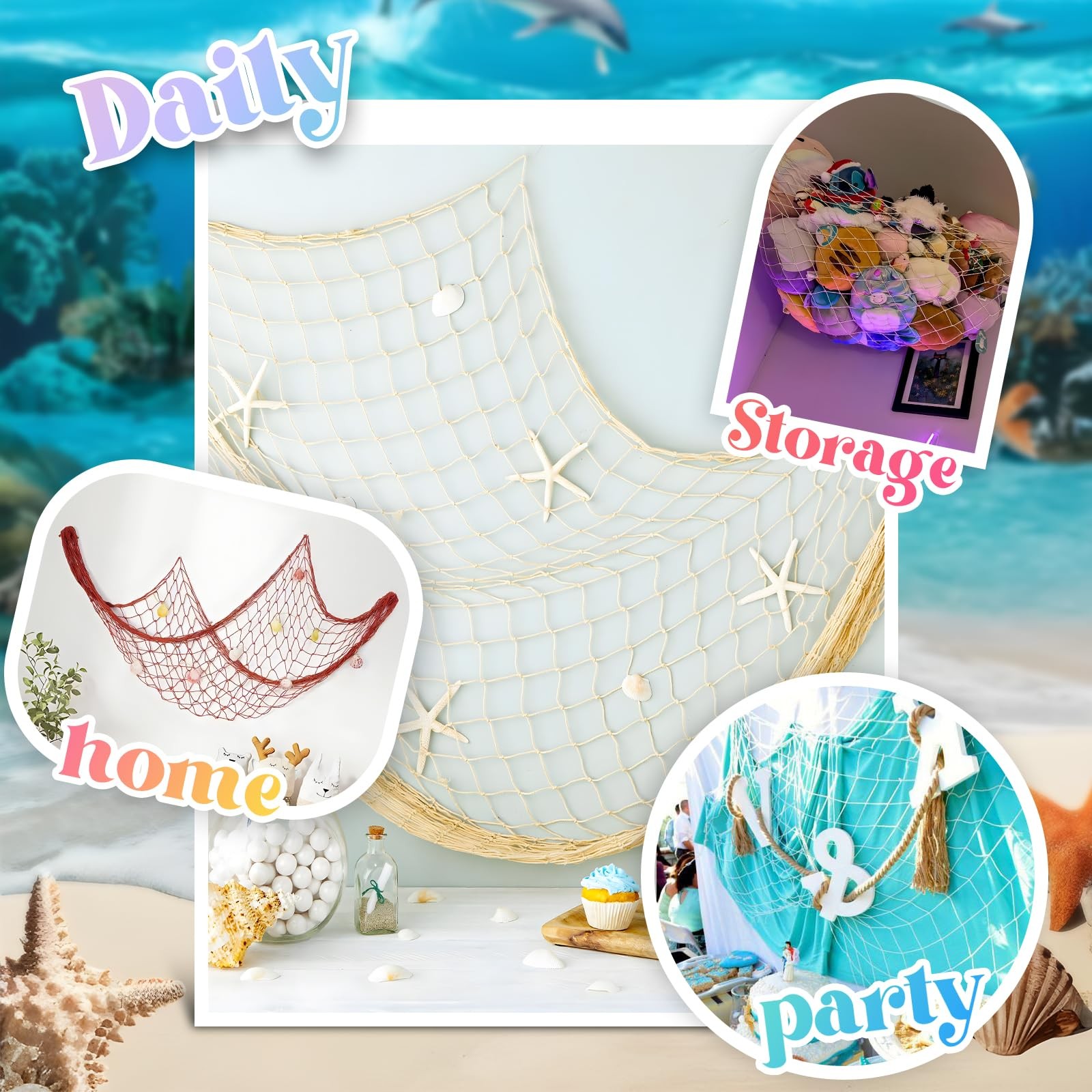 2 Pack Fish Net Decorations for Party, Natural Cotton Hawaiian Party Fishing…