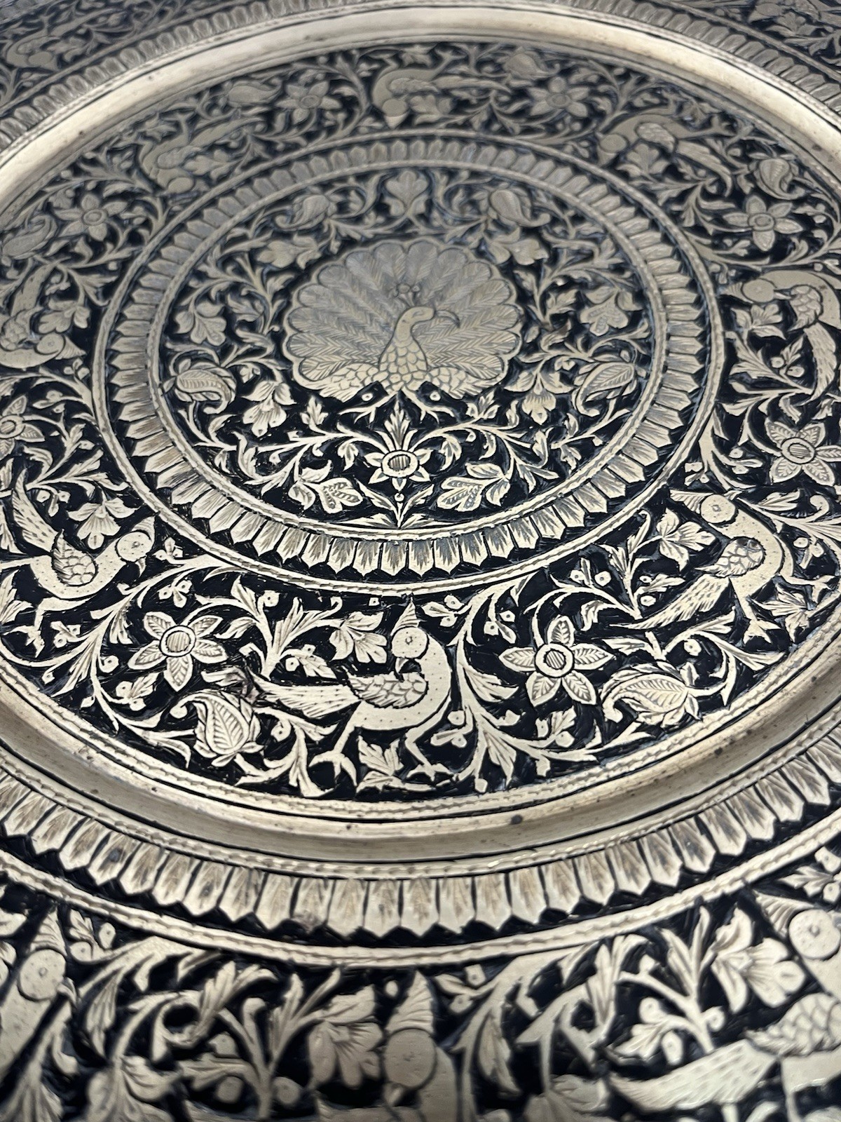 Vintage Hand Engraved Brass Peacock Wall Charger Tray 12” India Decor
