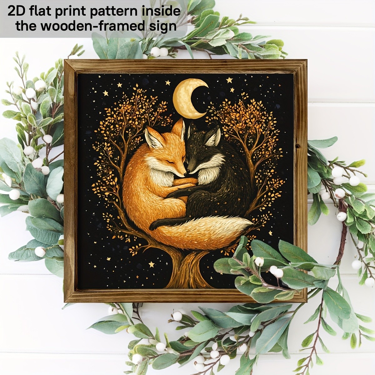 Moonlight Fox Couple Wooden Frame Sign Whimsical Starry Night Tree Wall Art