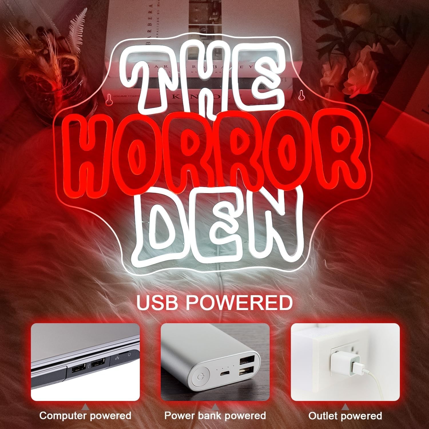 Unique ‘The Horror Den’ Neon Wall Sign – Perfect Haunted Atmosphere for Events