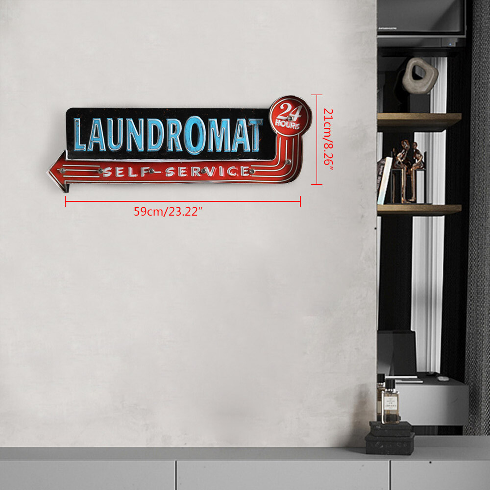 Vintage LED Light Metal Hanging Sign LAUNDROMAT Laundry Shop Art Wall Decoration