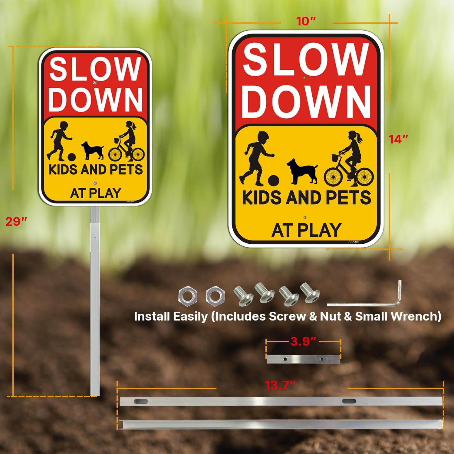 Slow Down Kids Pets At Play Sign w Stake Aluminum Safety Yard Sign 2 Pack 14×10