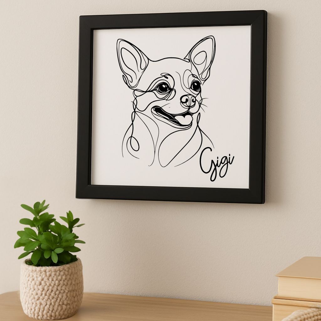 Personalized Name Laser Engraved Chihuahua Dog Portrait on Wood Panel with Frame