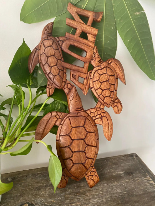 Hawaiian Hand Made Wall Hanging Decor Wood Carving Sign Turtle Honu Family ALOHA