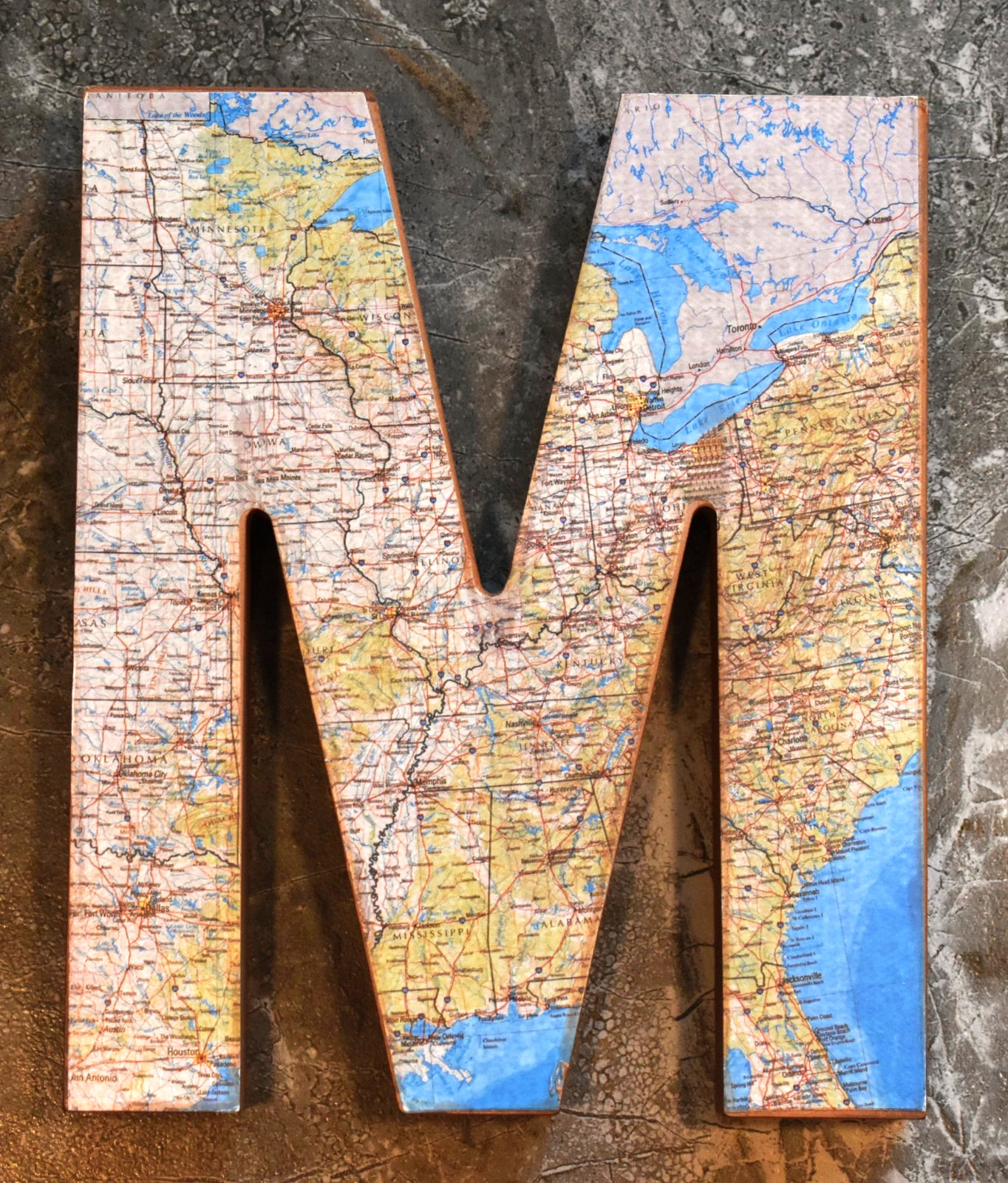 Custom Made Wooden Monogram Wall Decor Letter “M” w/ World Map Applique