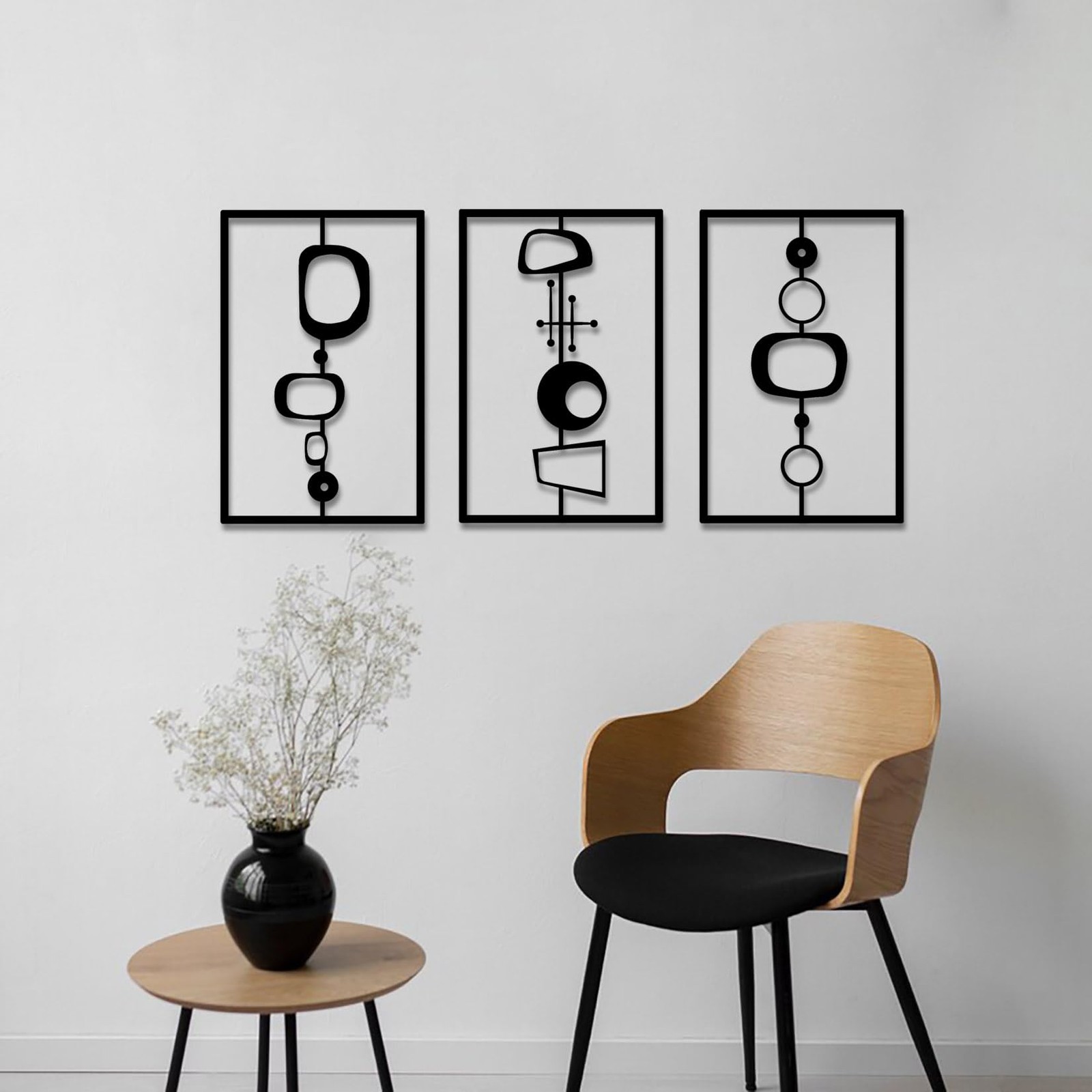 3 PCS Minimalist Abstract Metal Wall Art Black Geometric Line Decor Pot