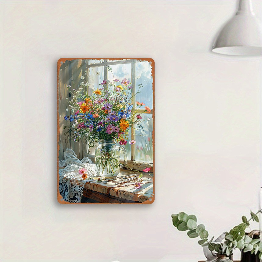 Vintage Wildflower Vase Metal Sign Rustic Home Living Room Wall Hanging Decor