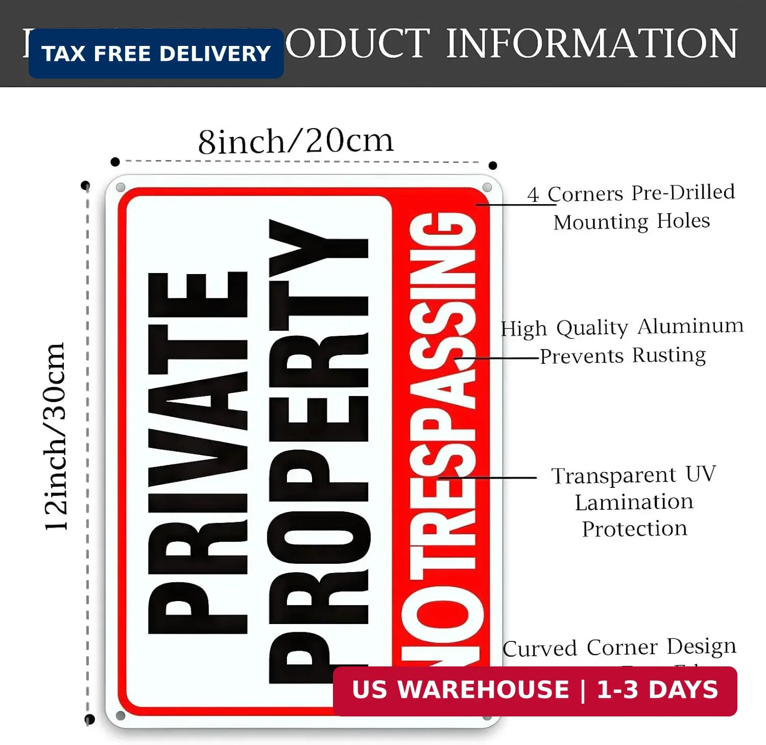 4 Pack Large No Trespassing Signs Private Property, 12×8 Inch Rust Free Aluminum