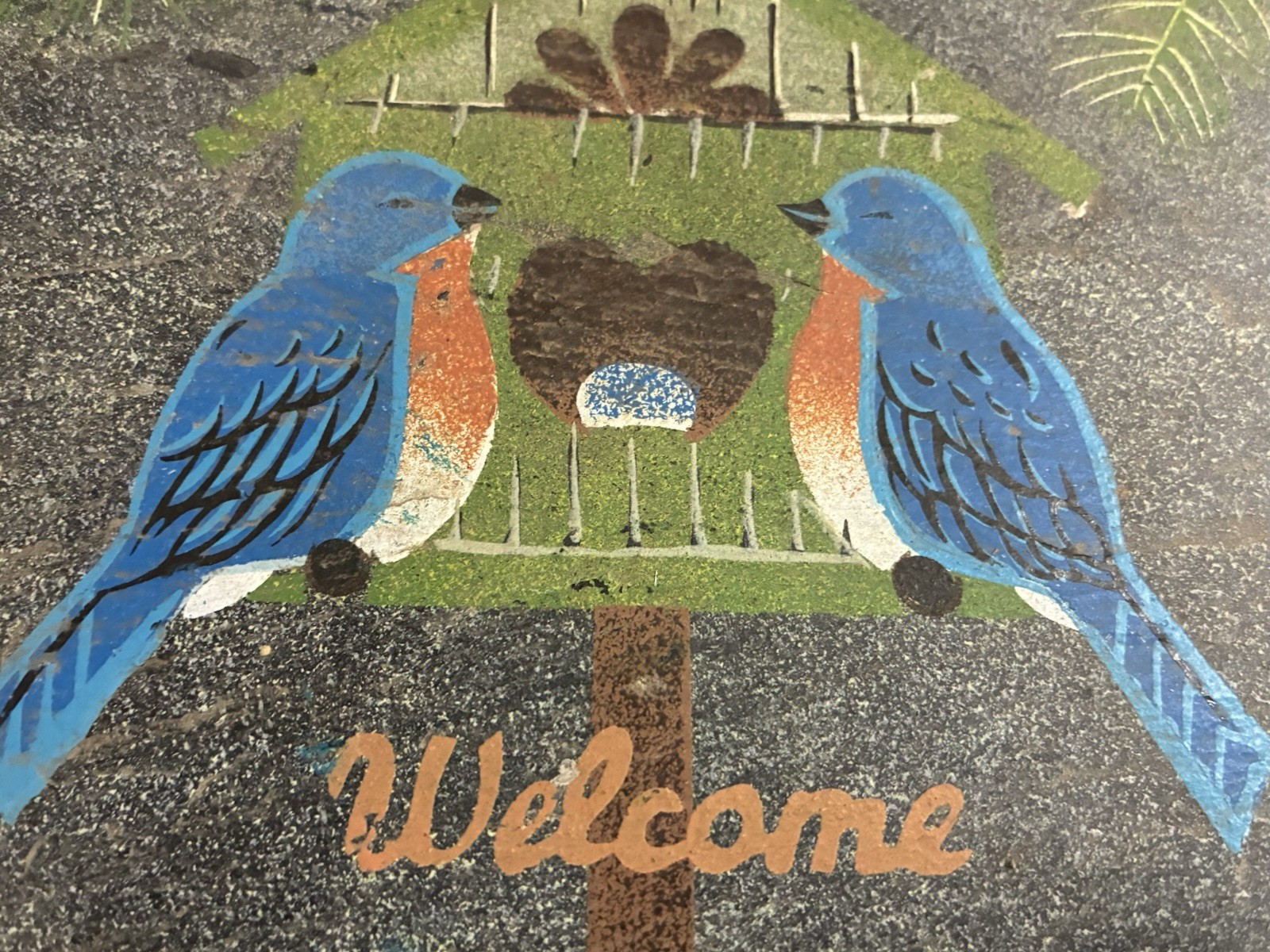 Vintage BLUEBIRDS Hand Painted Slate Stone WELCOME Wall/Door Sign GARDEN ART EUC