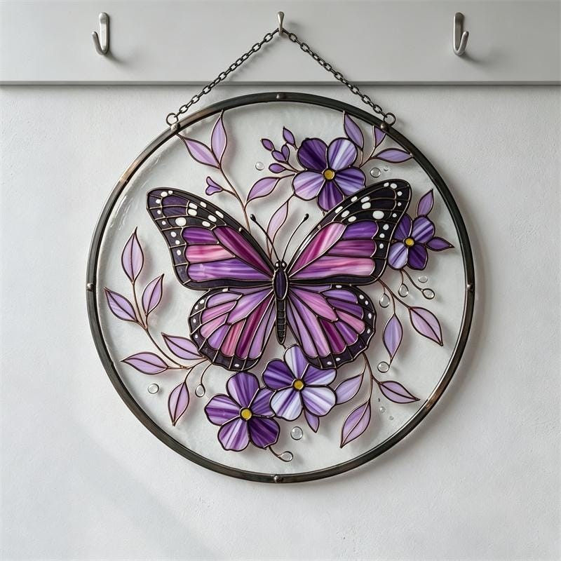 Purple Butterfly Stained Glass Suncatcher – Floral Window Art