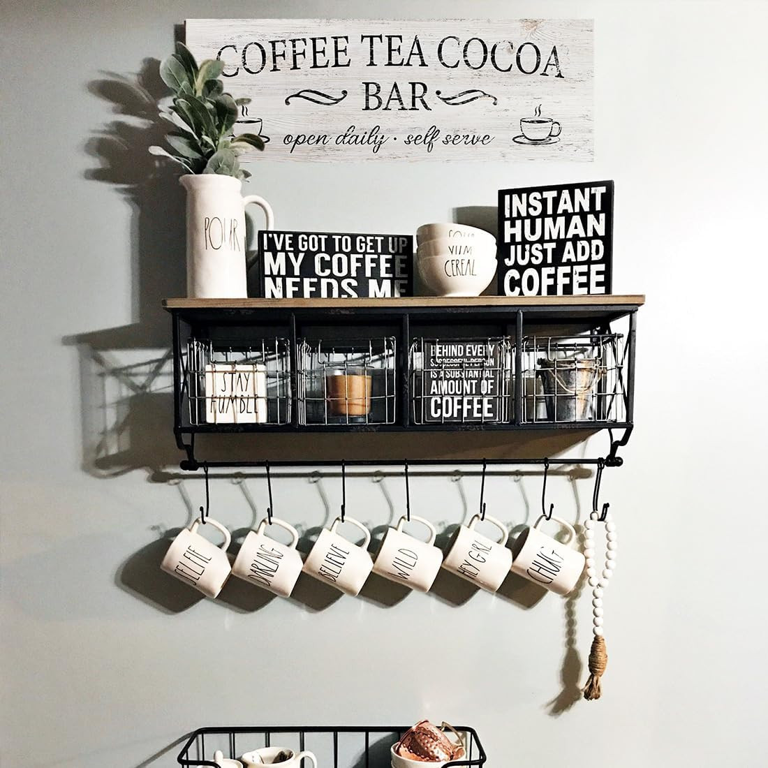 Coffee Tea Cocoa Bar Sign Decor Farmhouse Wall Plaque with Wood Grain Retro Cafe