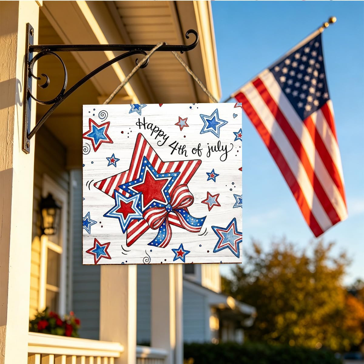 4Th of July Door Sign Patriotic for Front Porch America Anniversary Wooden Sign