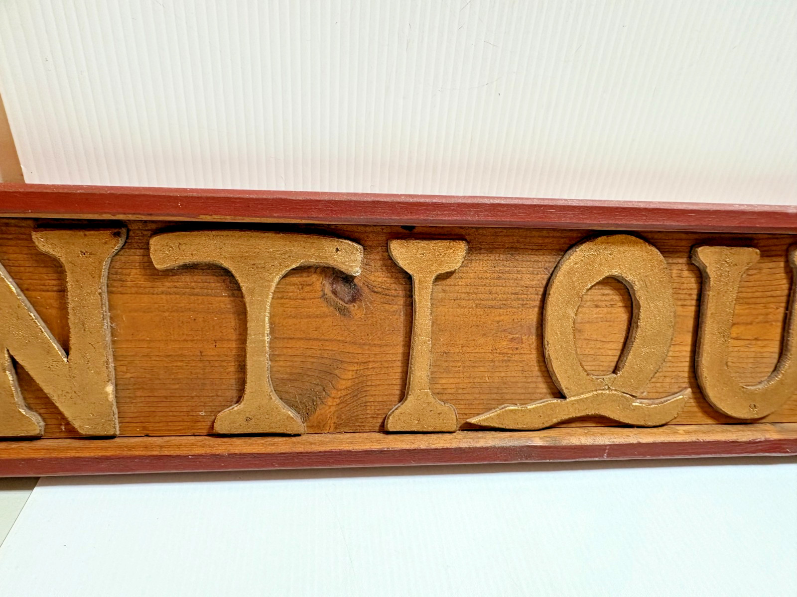 Vintage 39″ ANTIQUES Display Sign Carved Wood Red Border Folk Art Gold Letters