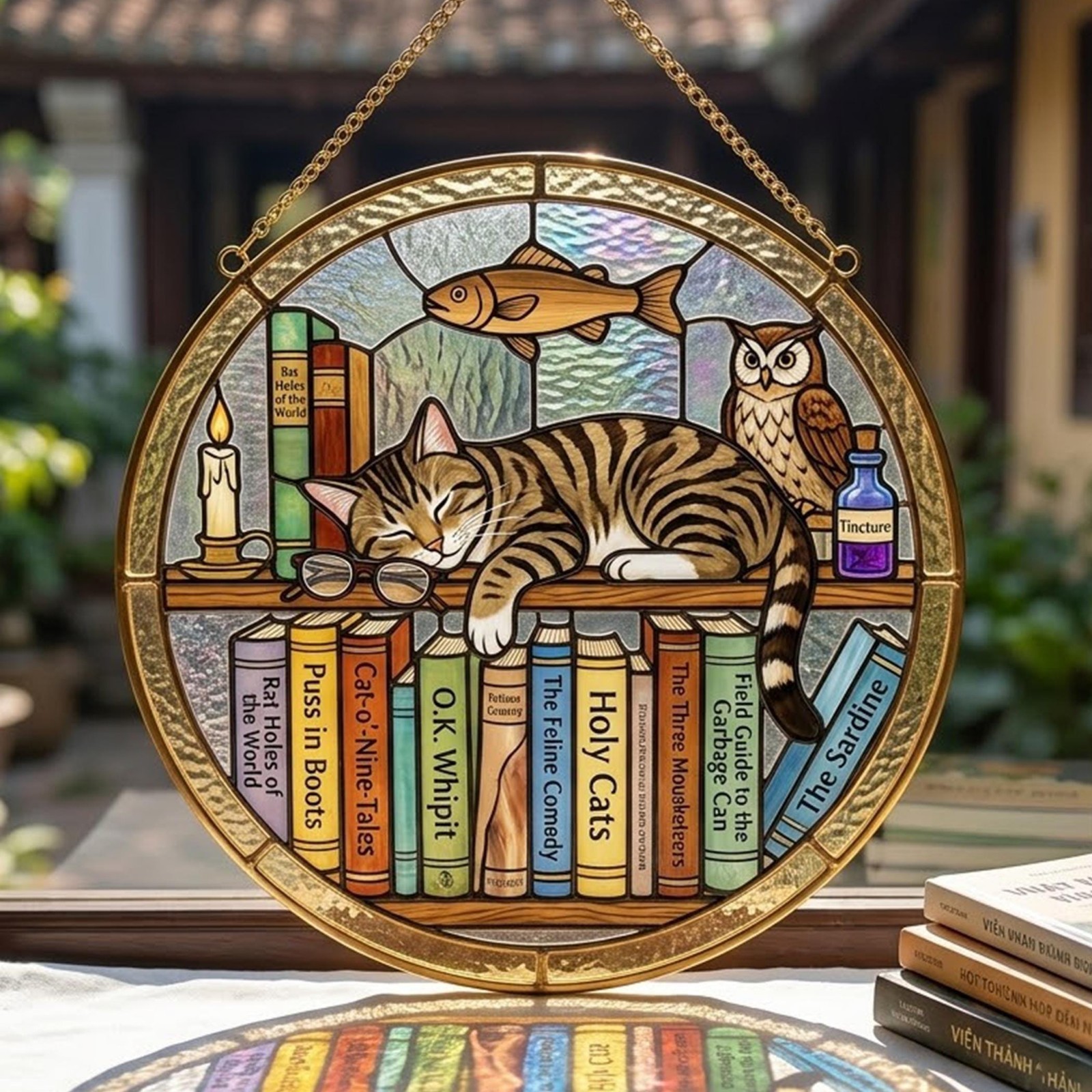 Sleeping Cat Bookshelf Stained Glass Suncatcher,Cozy Library Book Window Hanging