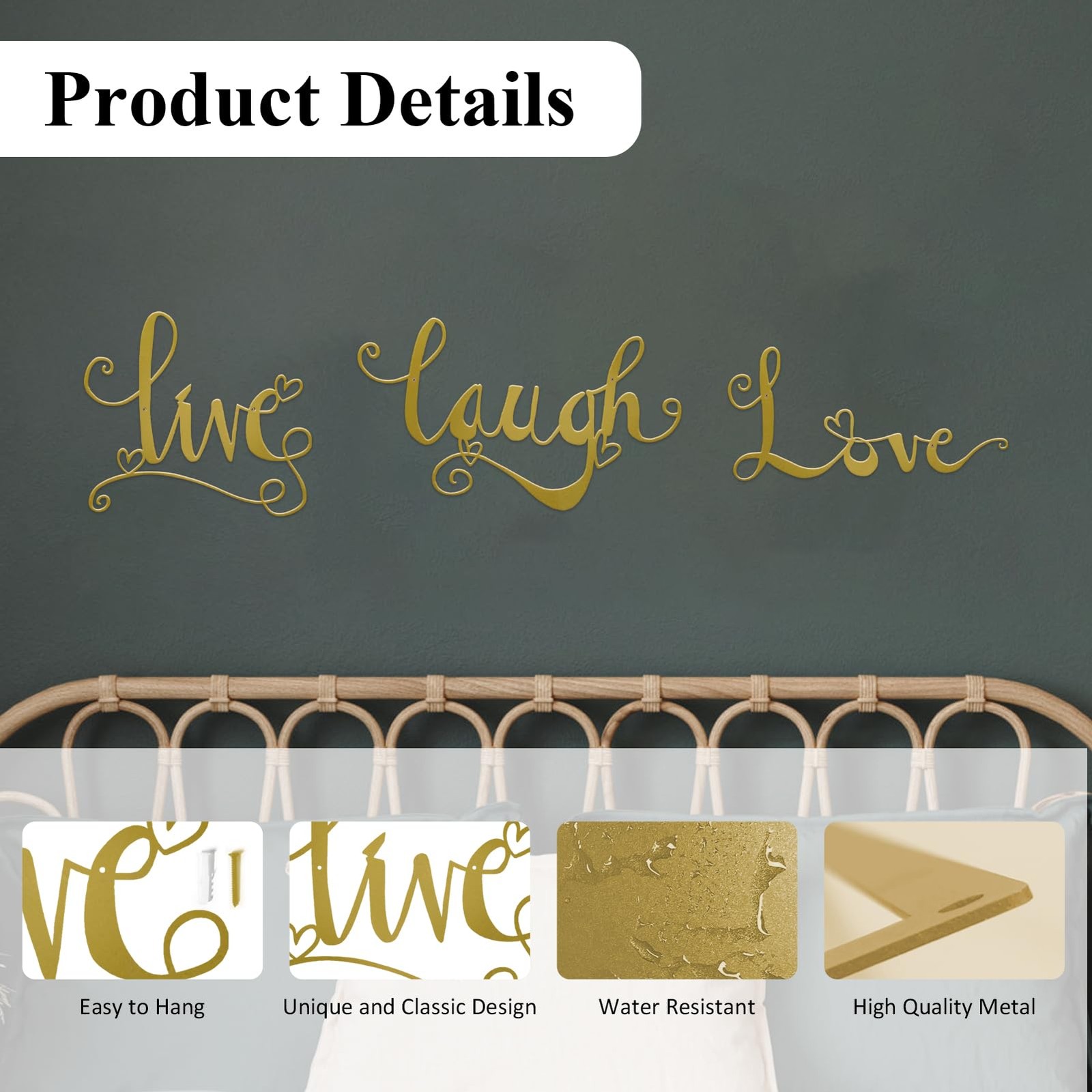 3 Pieces Gold Metal Letter Sign Decor ‘Live Laugh Love’ WordArt Wall Art Deco…