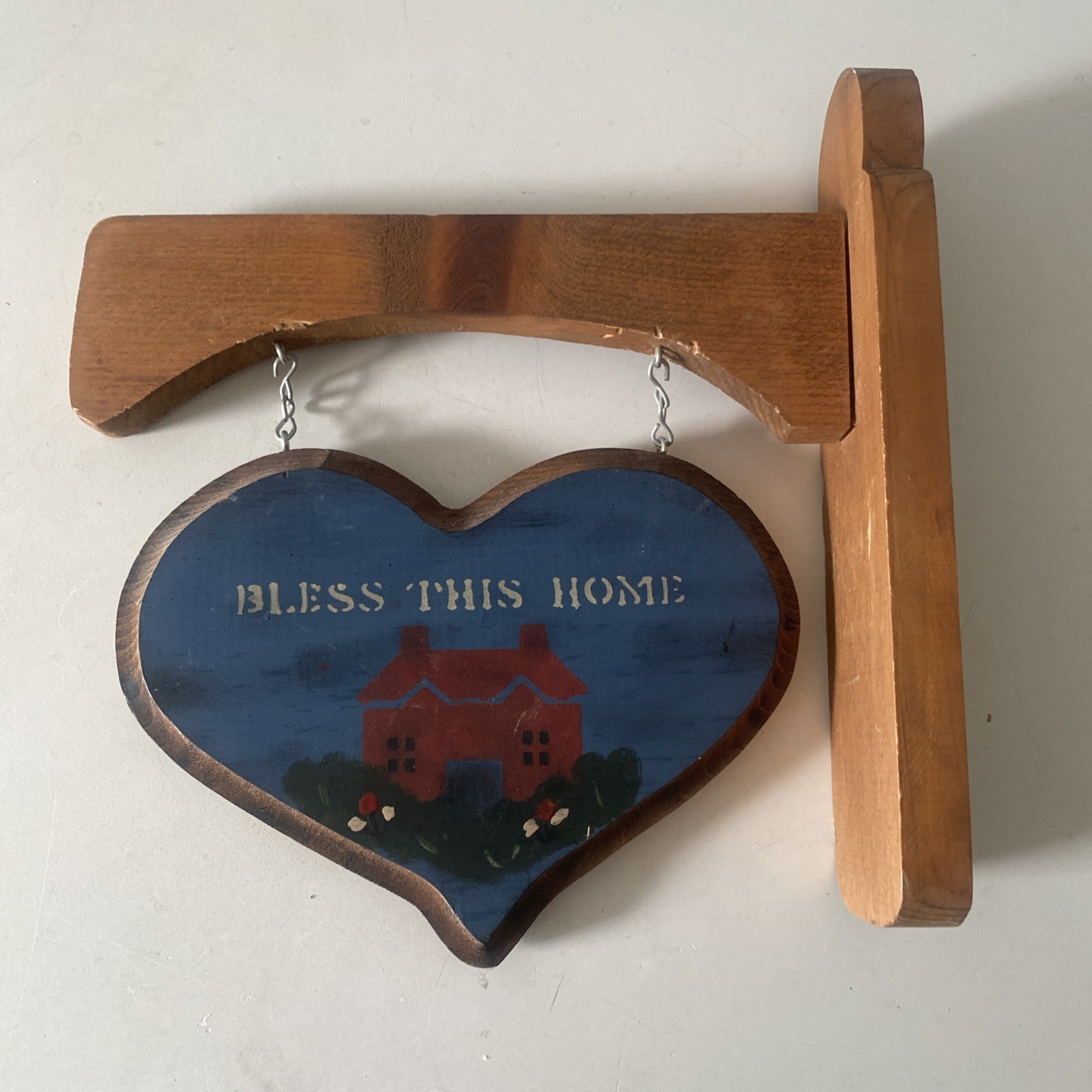 Vintage Hand Painted Wooden Heart Bless This Home Sign | Cottage Entryway Decor