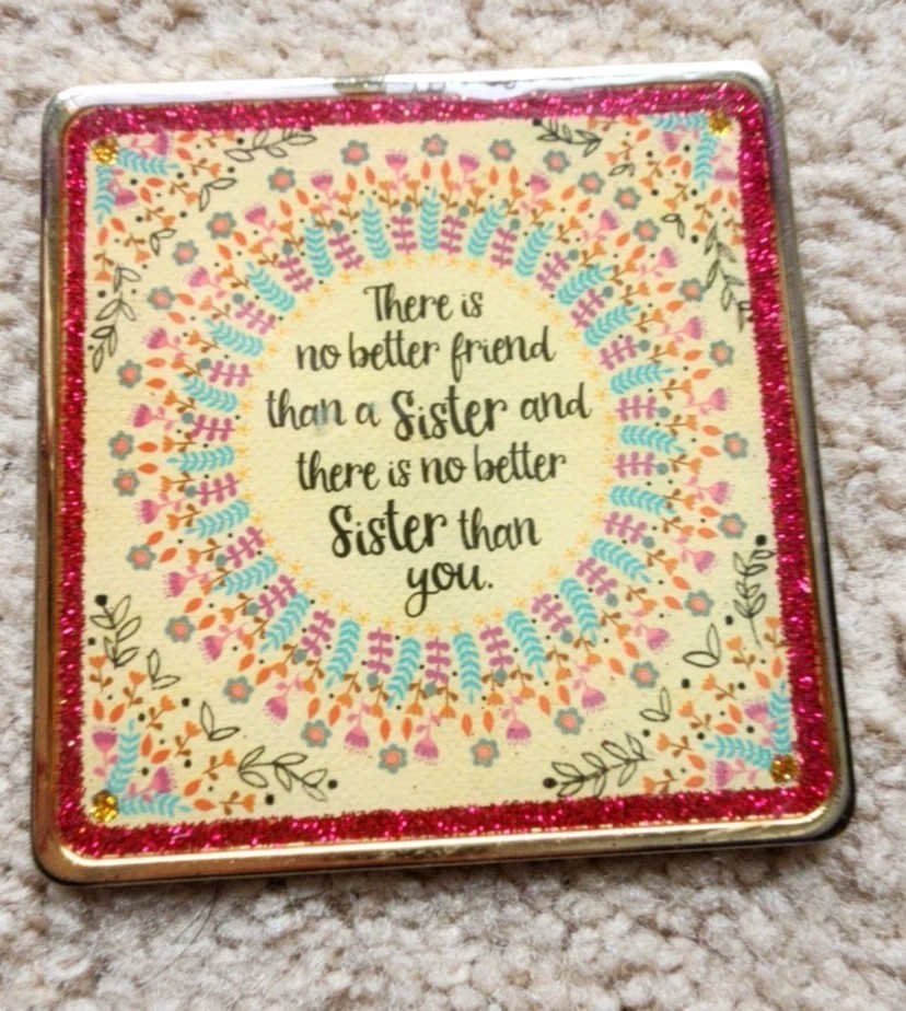 Natural Life Plaque Sisters Sign Freestanding Gold Glitter Flowers Boho 3″x3″