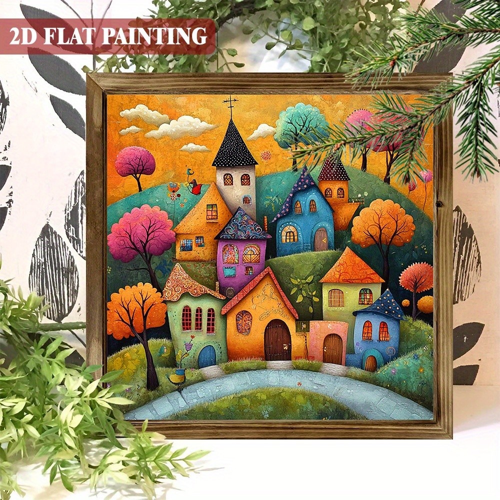2D Village Wooden Framed Sign Colorful House for Home Porch Garage Office Decor