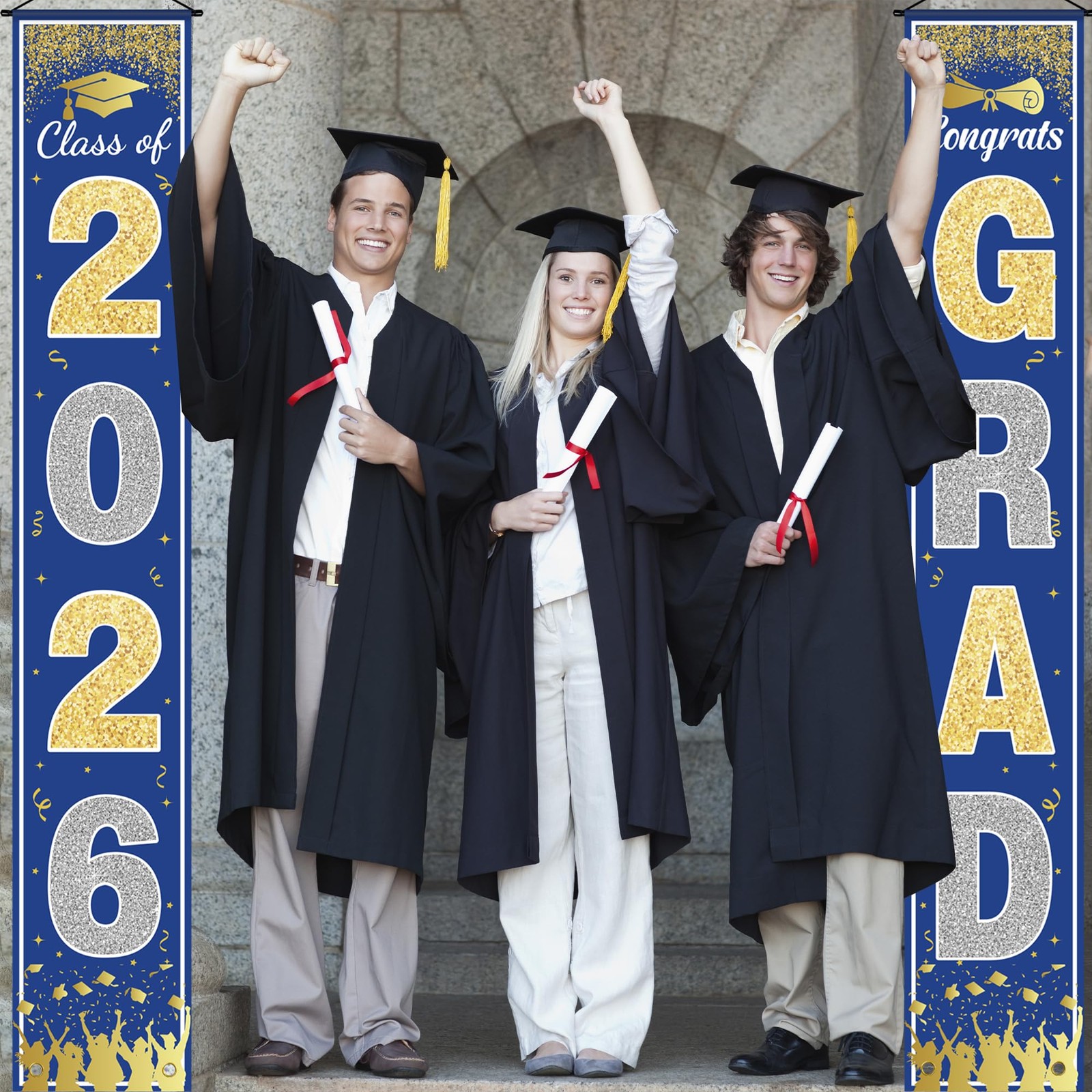 Graduation Decorations 2026 – Blue Gold Congrats Grad Porch Banner for Graduatio
