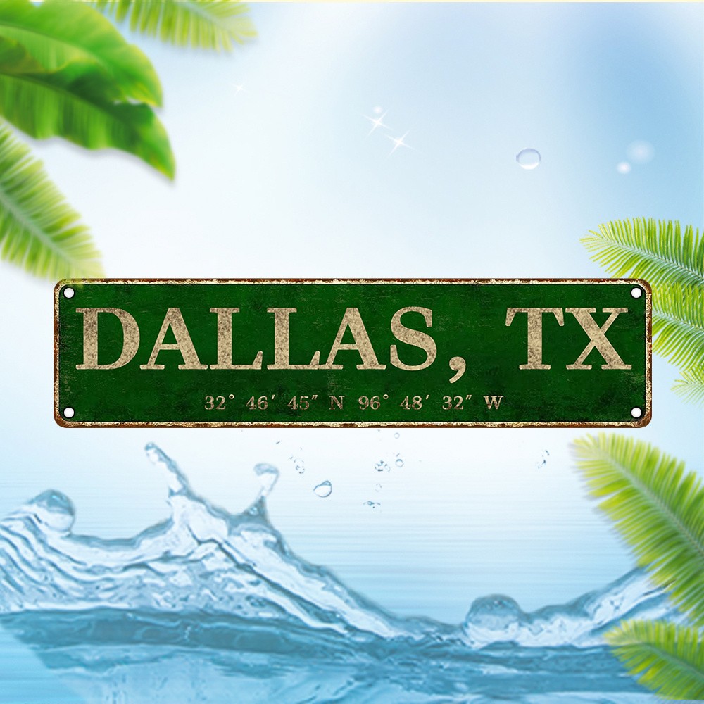 Dallas TX Distressed Green Metal Sign Texas City Coordinates Wall Decor Plaque