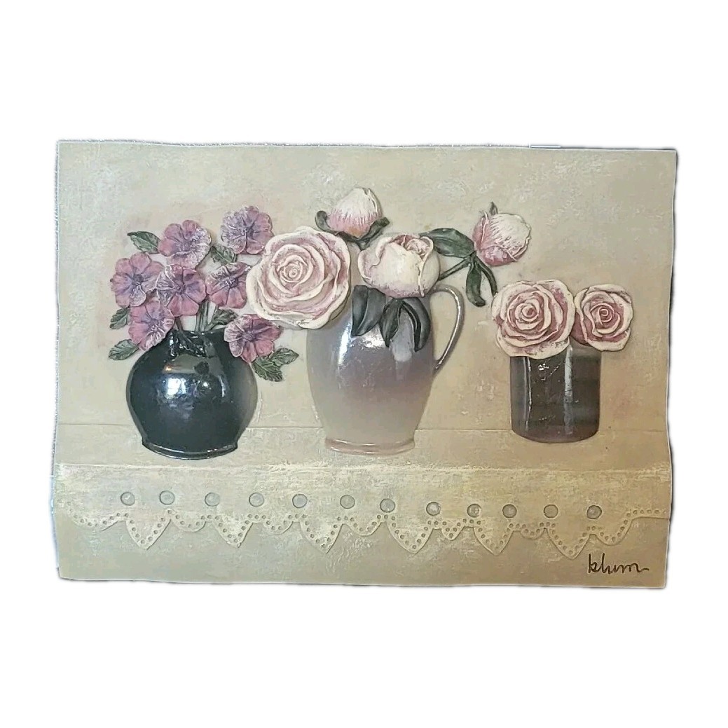 Cheri Blum Resin 3D French Style Floral Wall Tiles S/2 Decor • Signed • EUC Vtg