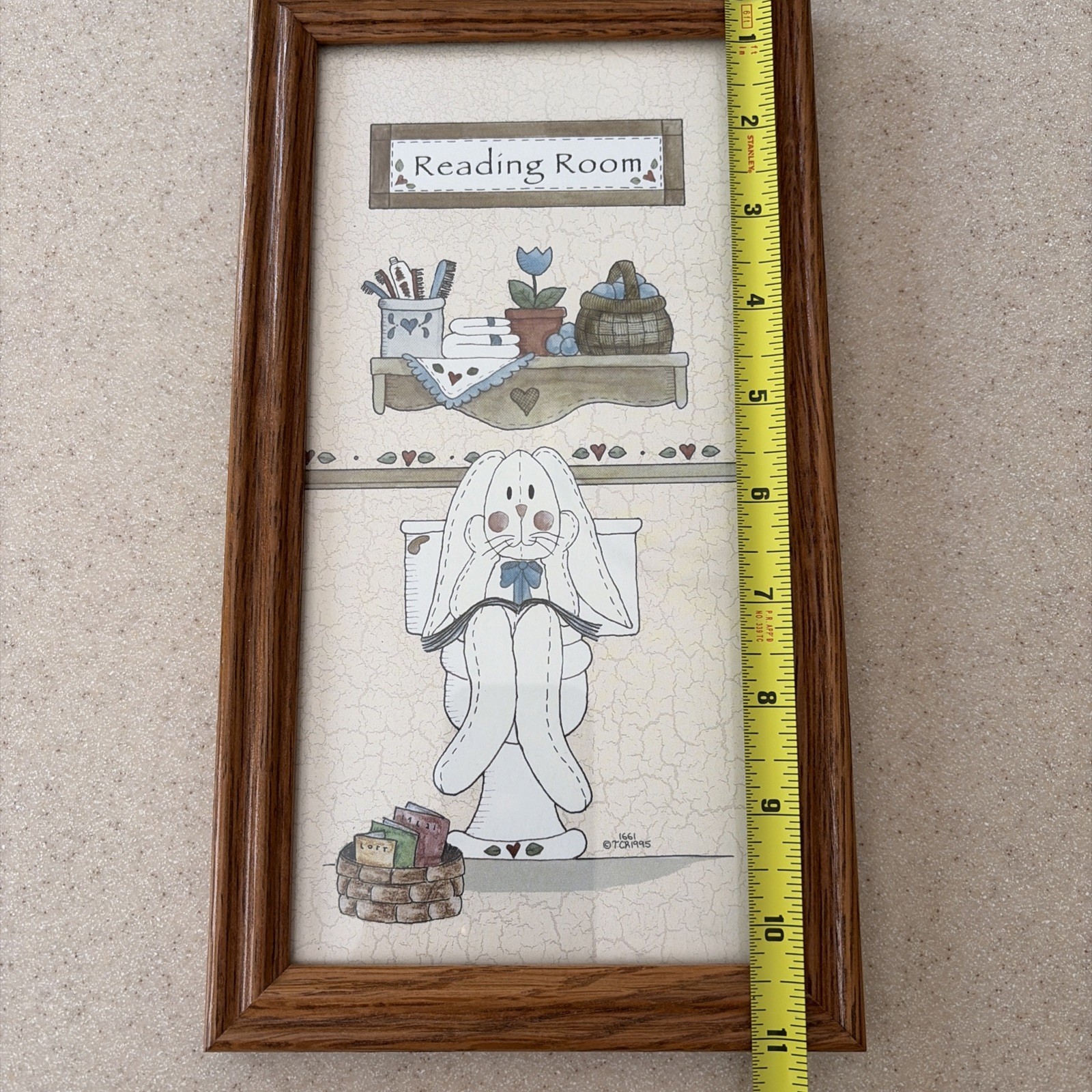 Vintage Bunny Folk Art Bathroom Wall Decor Framed 11×6 in Country Charm