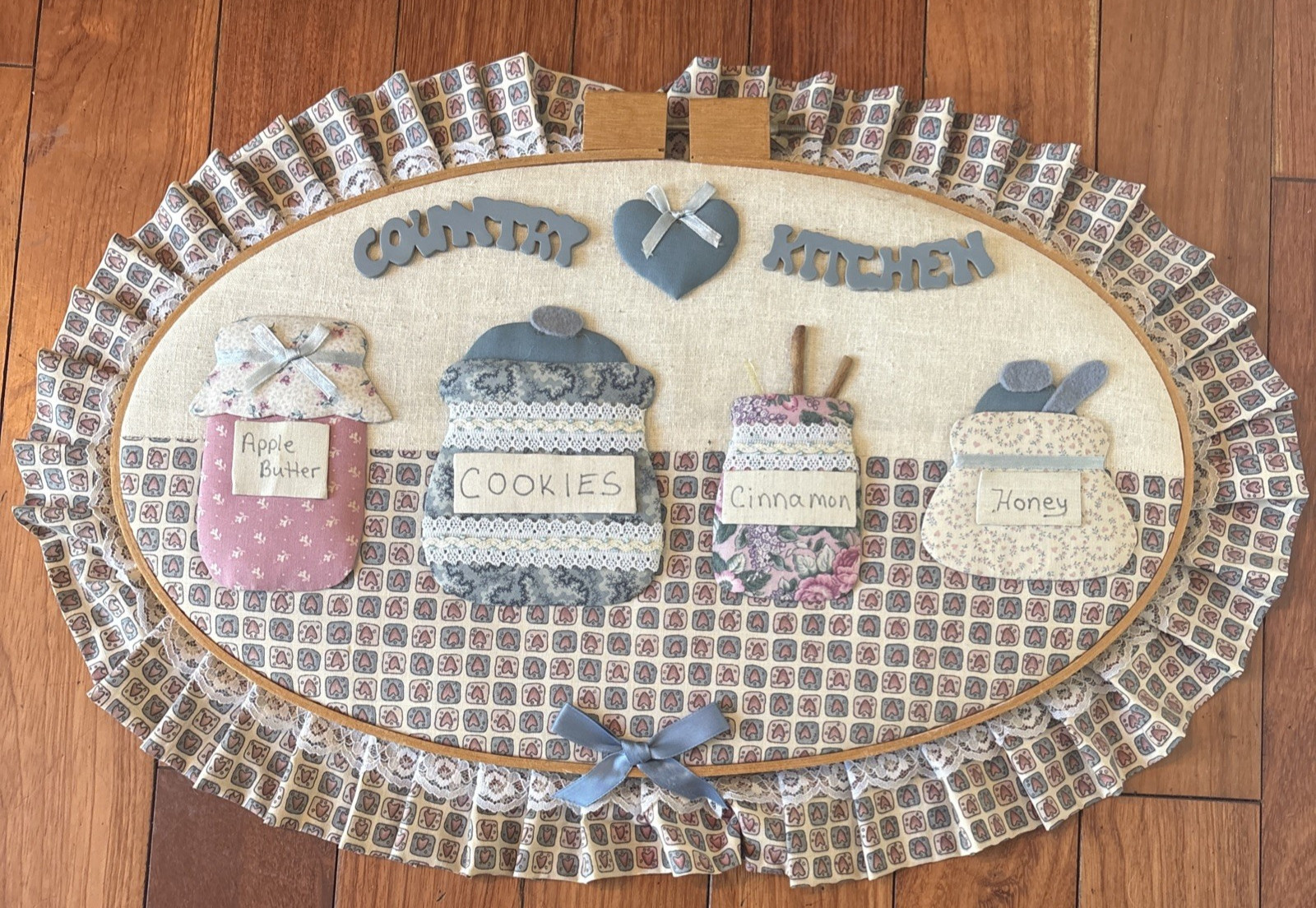 Vtg Grandmacore Country Kitchen Hoop Wall Hanging Handmade Stitched Farmhouse