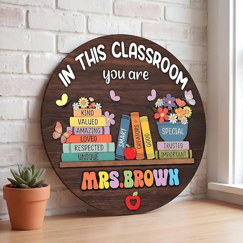 Personalized Teacher Wooden Door Sign, Custom Classroom Decor Gift