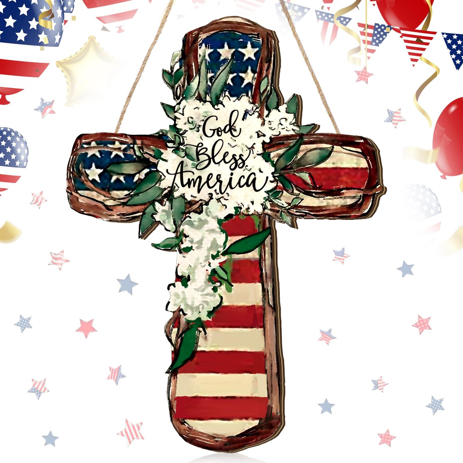 4Th of July Door Sign Patriotic Wreath God Bless American Door Hanger Wooden Pla