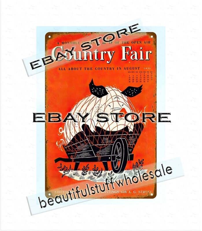 1950s country fair pig on farm wagon metal tin sign outdoor collectible