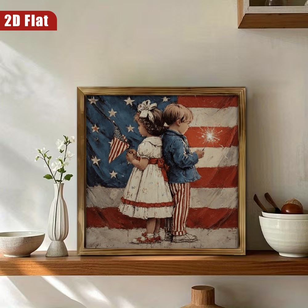 Vintage Kids Sparkler US Flag 4th of July Independence Day Farmhouse Home Decor