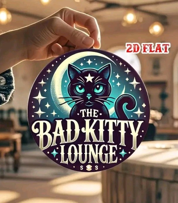 Bad Kitty Lounge Cat Metal Tin Sign Moon Star Round Wall Decor 7.8 Inch