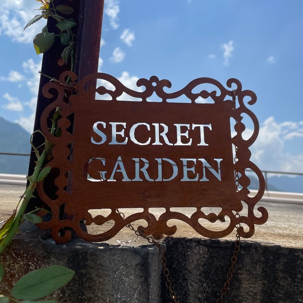 Rustic Iron “Secret Garden” Hanging Sign, Natural Rust Patina Metal Plaque wi…