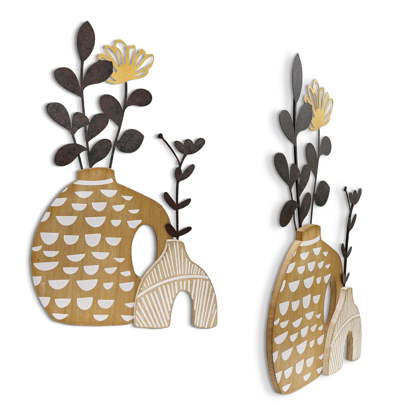 Rustic Metal and Wood Flowers Wall Art, Bohemian Vase with Flower Design, Bla…