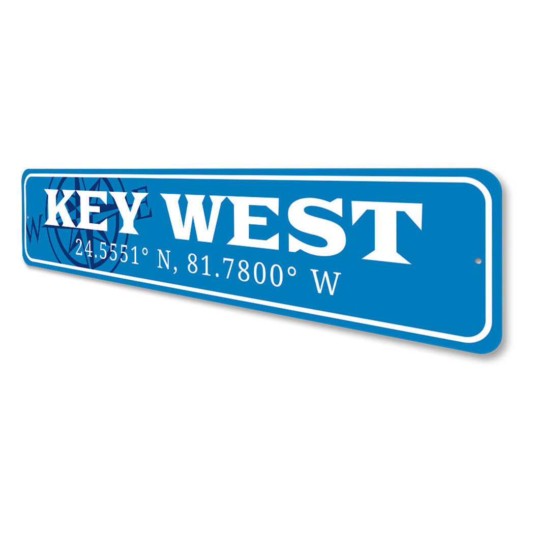 Key West with Coordinates and Compass Design, Beach House Decorative Metal Sign