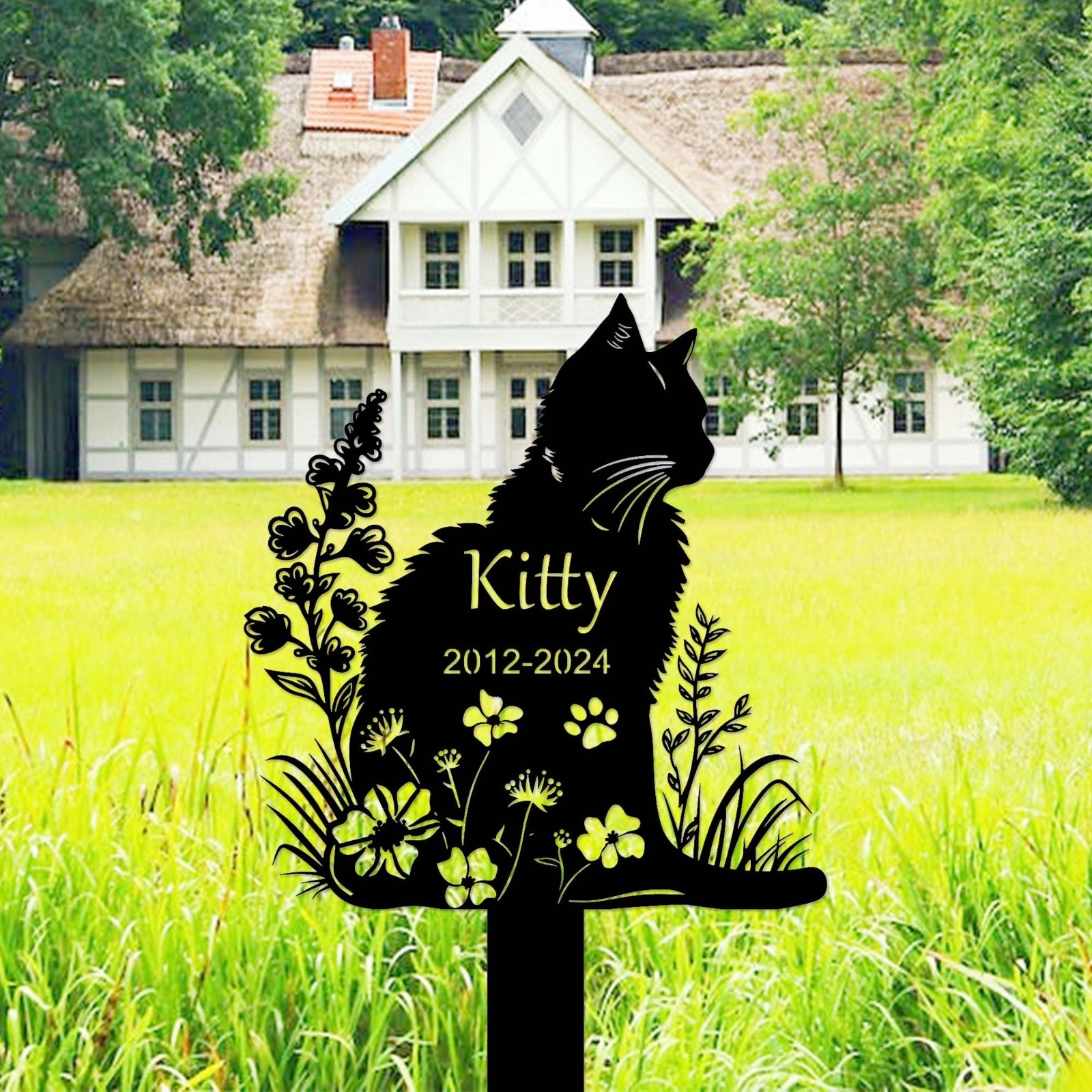 Personalized Metal Cat Grave Marker,Cat Memorial Stake with Flowers,Custom Cat