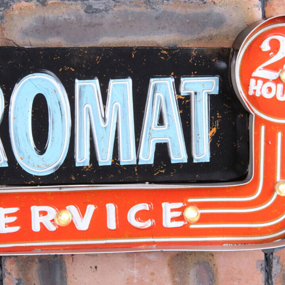 Vintage LED Light Metal Hanging Sign LAUNDROMAT Laundry Shop Art Wall Decoration