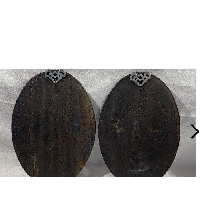 Vintage Asian Black Lacquer Geisha Wall Plaques Set of 2 Mid Century Oval Art