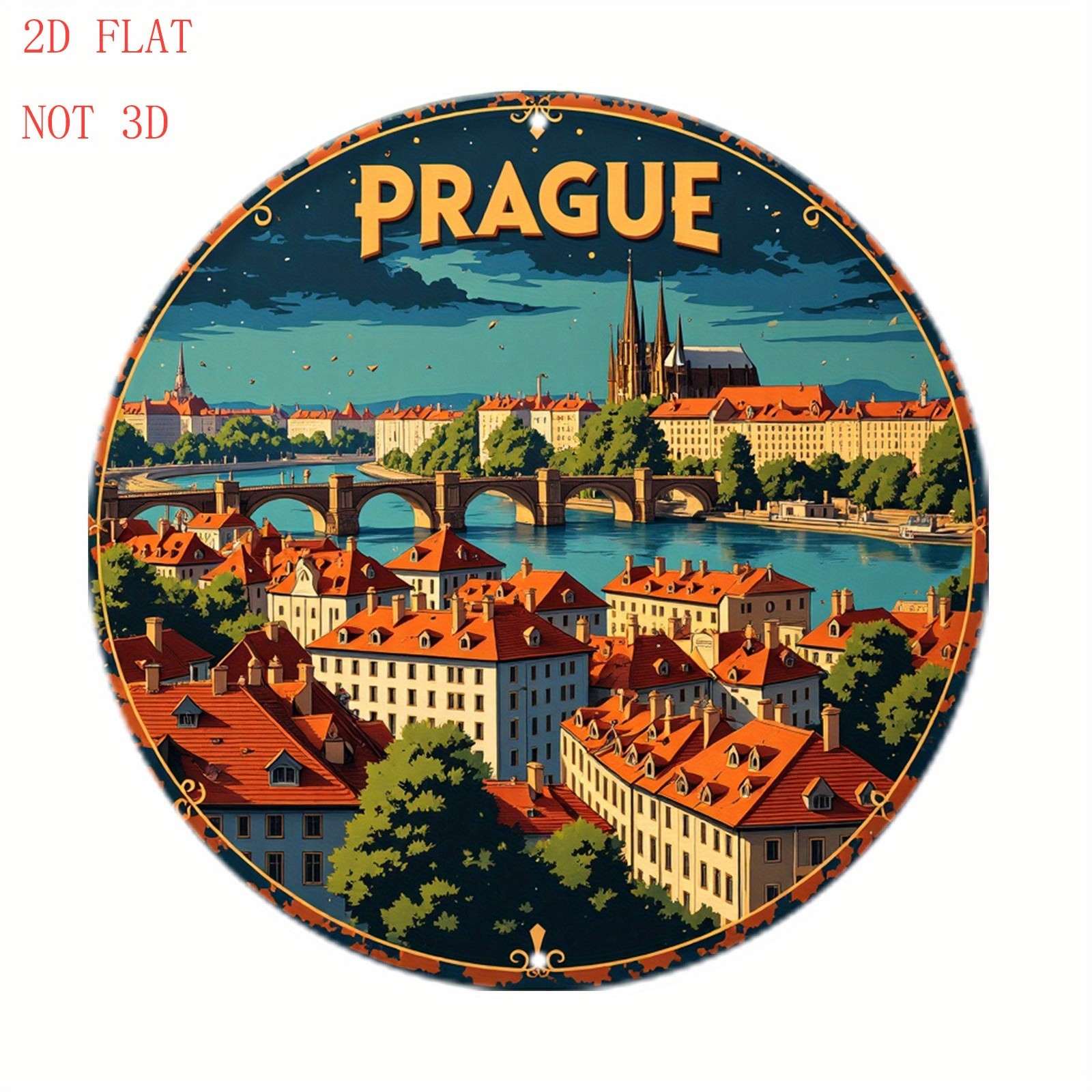 Aluminum Metal Sign Circular Display City Skyline Prague 8 Inch Round Funny