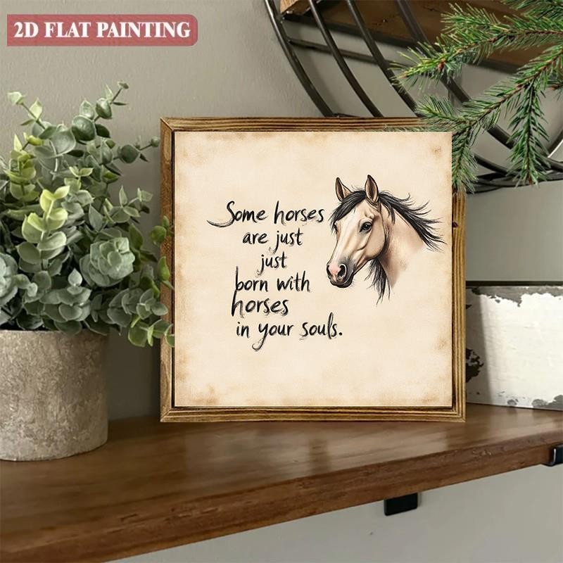 Sketch Light Horse Head & Soft Cursive Text Square Wooden Plaque Tabletop Gift